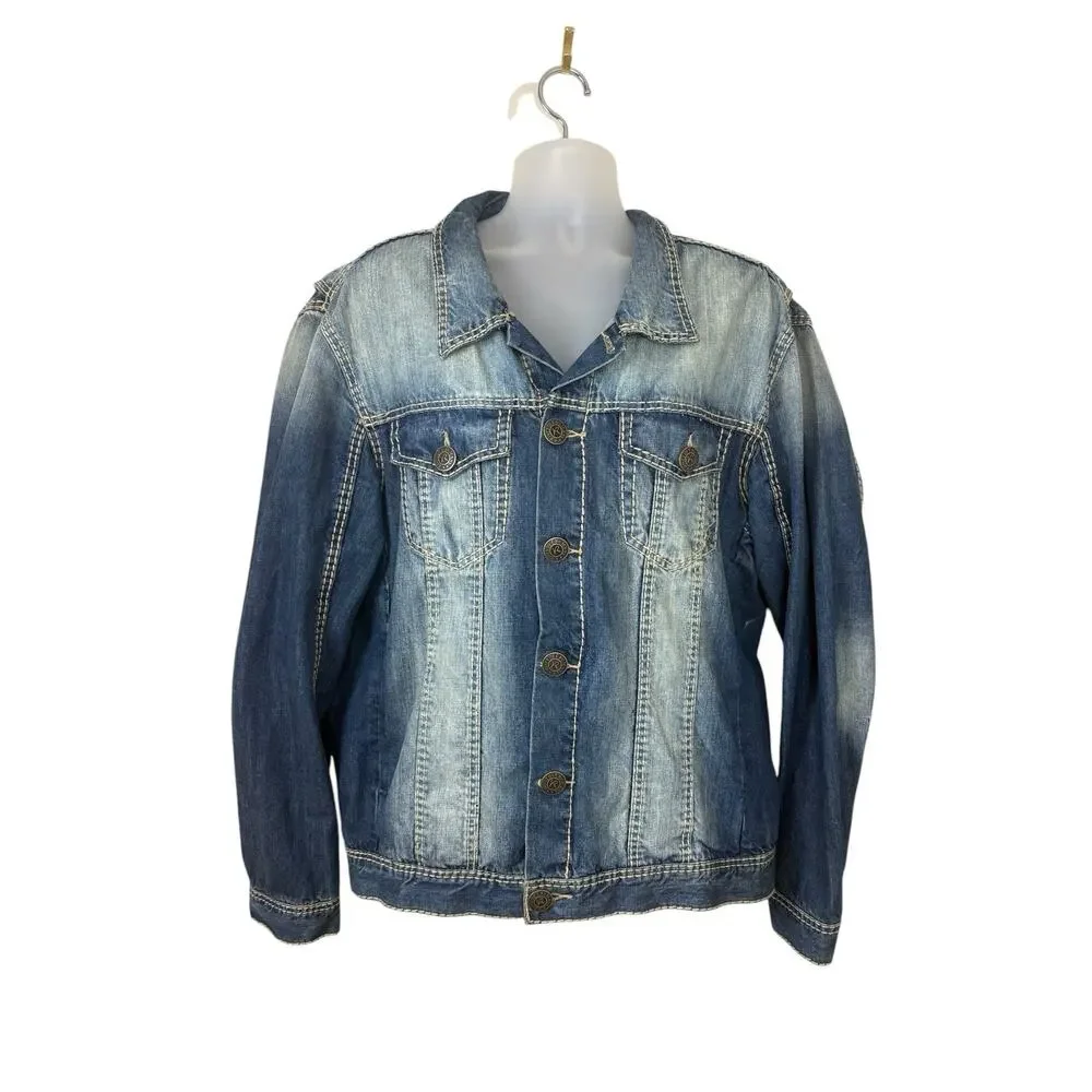 Rivet‎ de Cru Jacket Mens Size 3X Classic Trucker Denim Stitched Moto Distressed